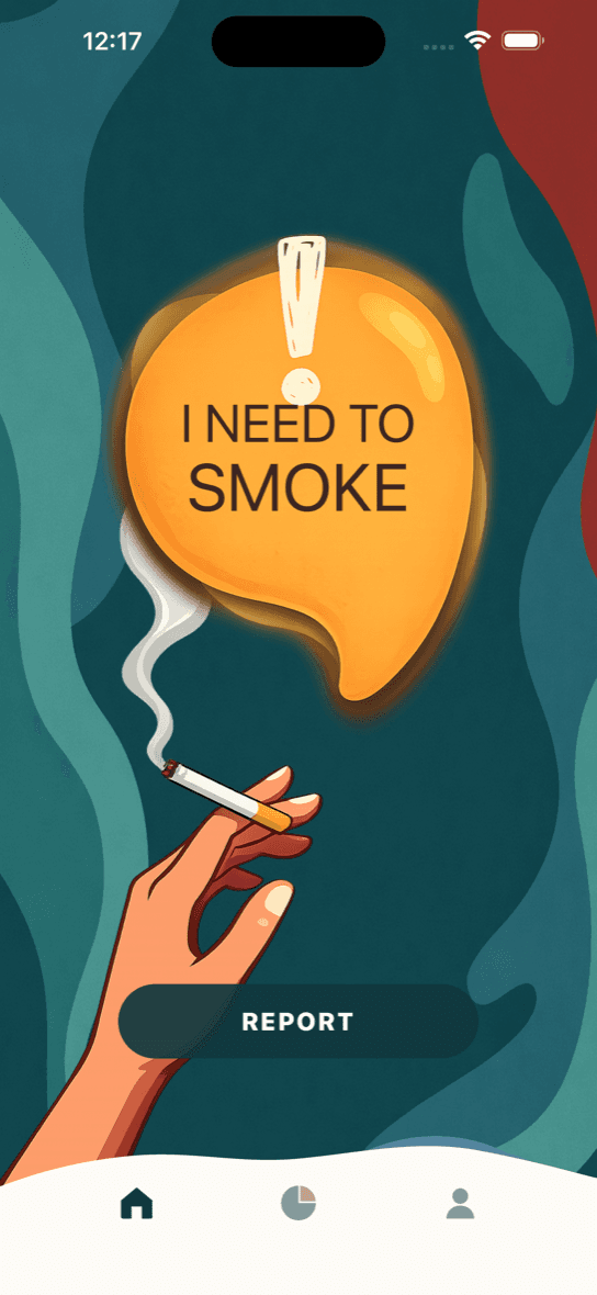 The SmokeAway home screen with the I NEED TO SMOKE panic button